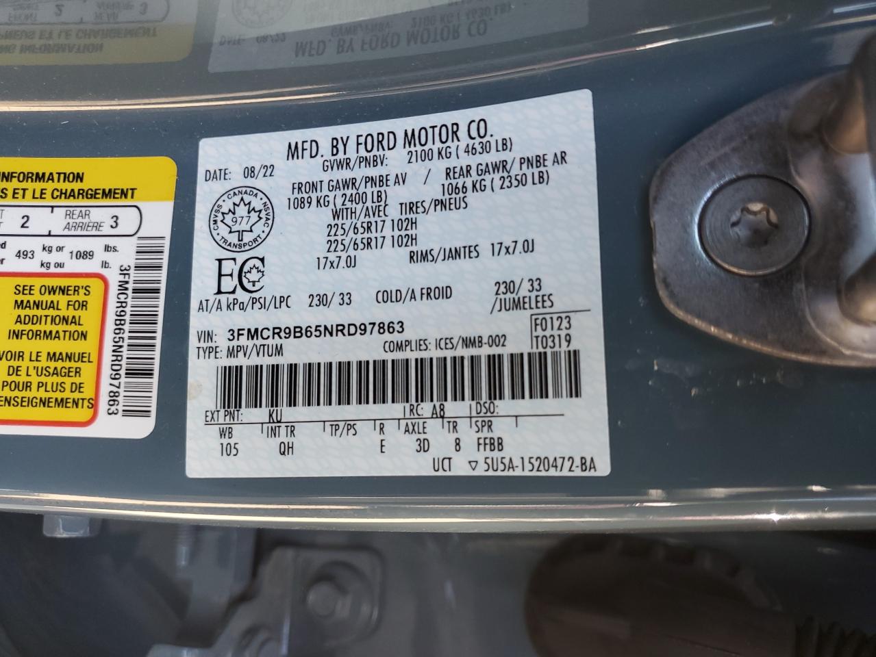 2022 Ford Bronco Sport Big Bend VIN: 3FMCR9B65NRD97863 Lot: 80429045