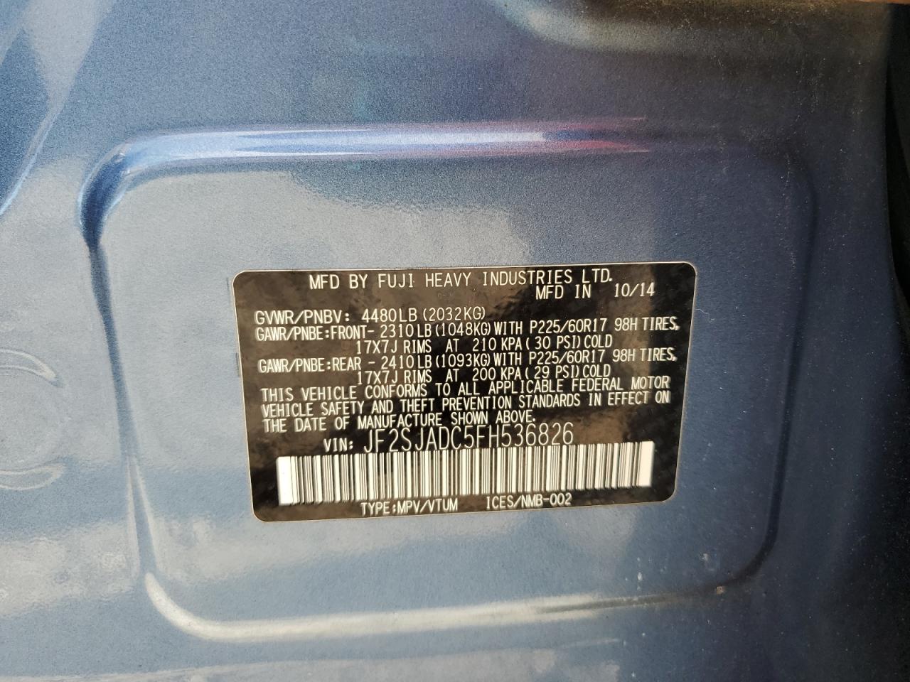 2015 Subaru Forester 2.5I Premium VIN: JF2SJADC5FH536826 Lot: 81750025