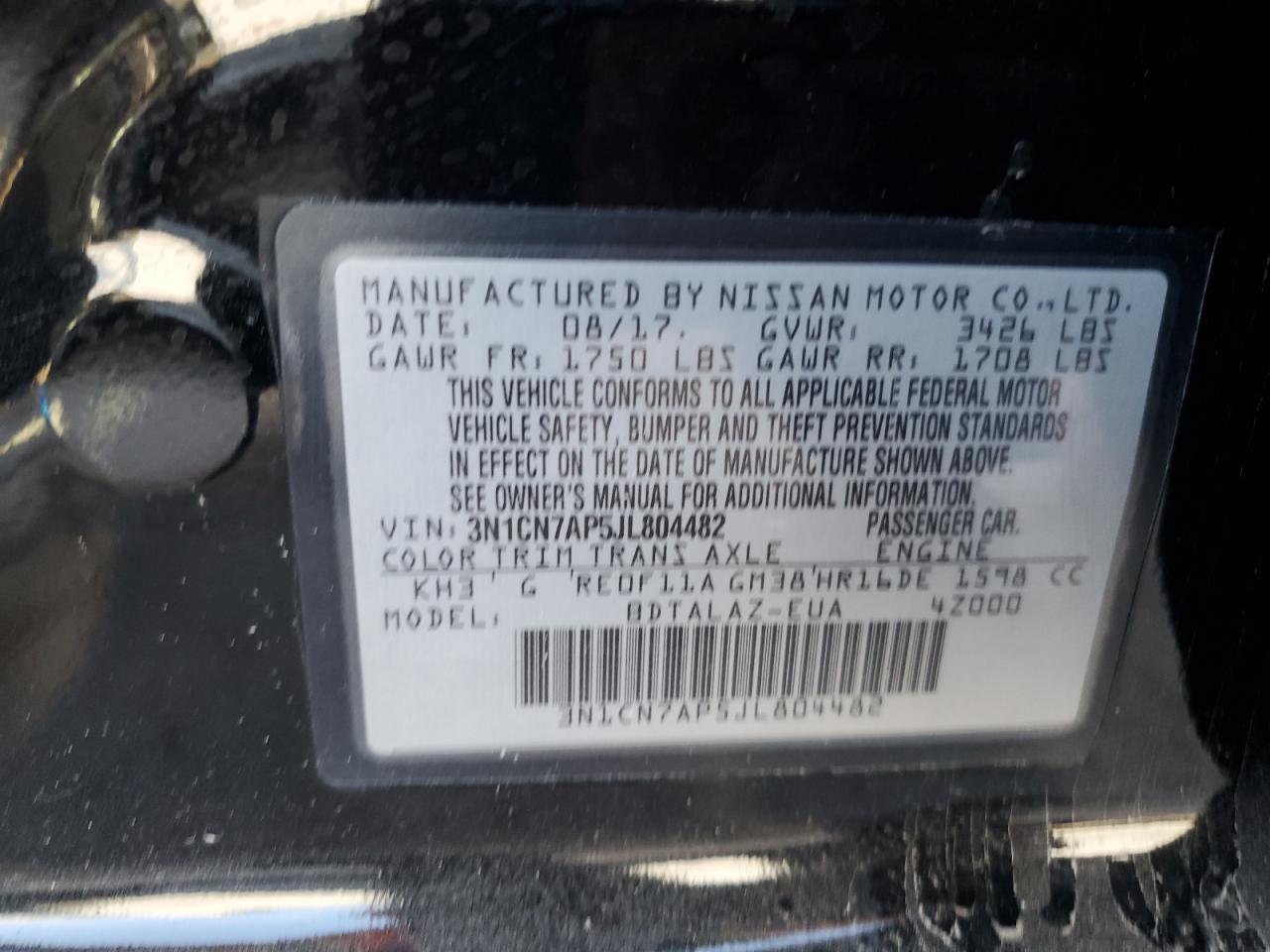 2018 Nissan Versa S VIN: 3N1CN7AP5JL804482 Lot: 81685995