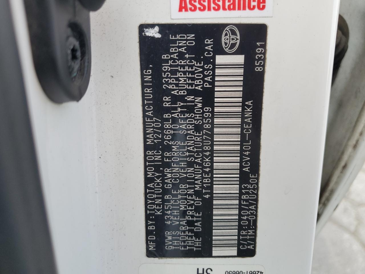 2008 Toyota Camry Ce VIN: 4T1BE46K48U778599 Lot: 81207535