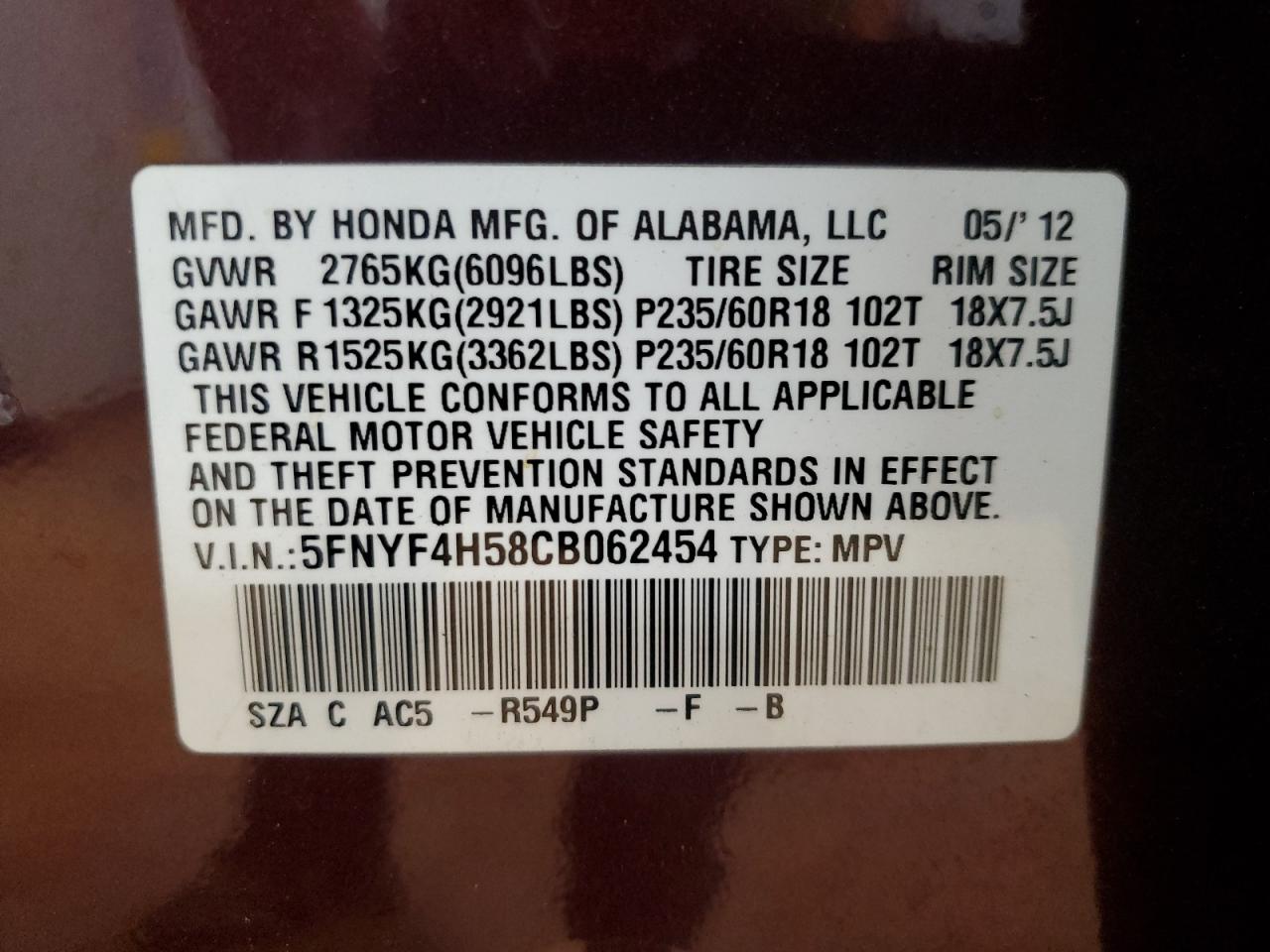 2012 Honda Pilot Exl VIN: 5FNYF4H58CB062454 Lot: 81225095