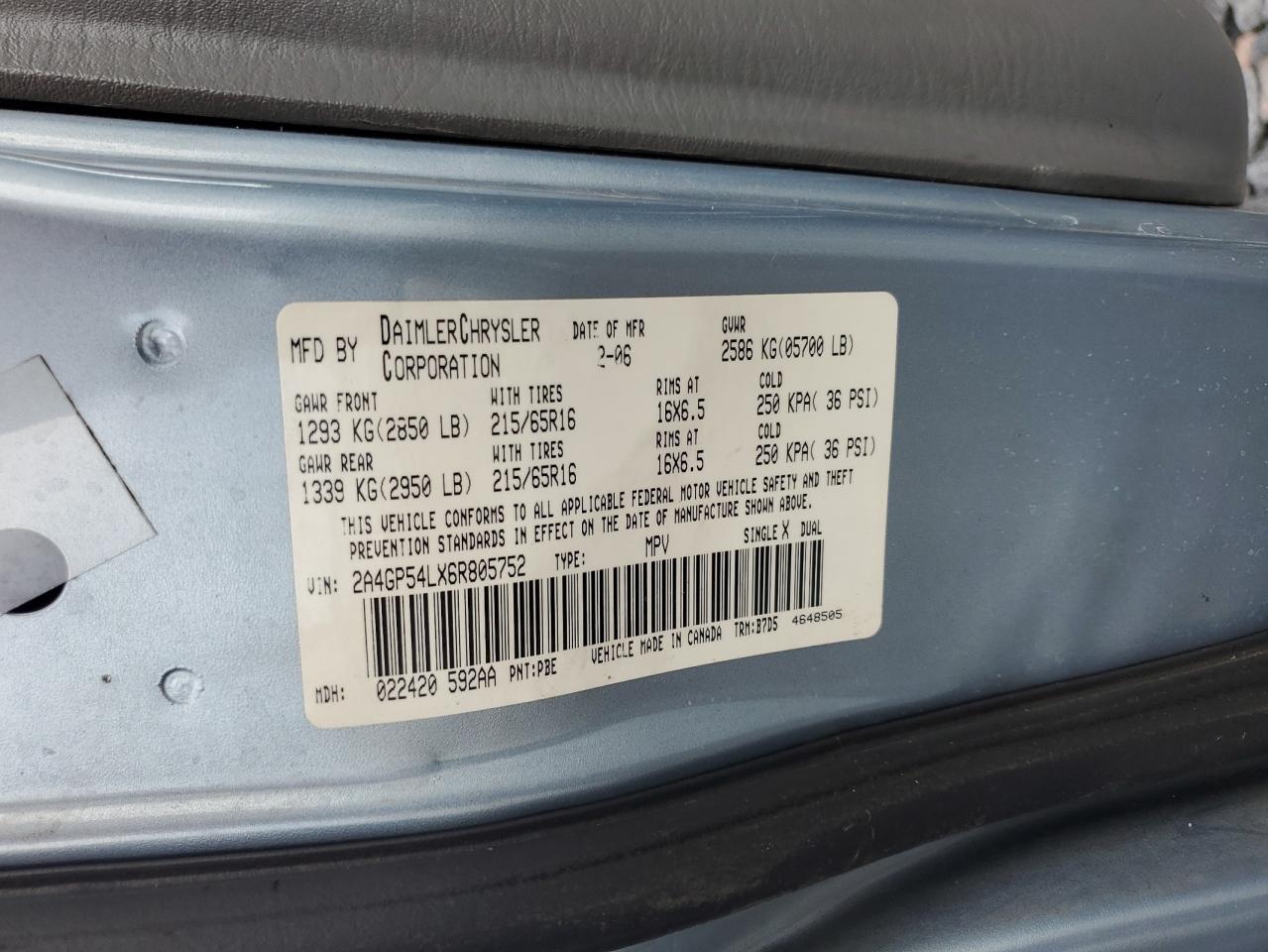 2006 Chrysler Town & Country Touring VIN: 2A4GP54LX6R805752 Lot: 81006995