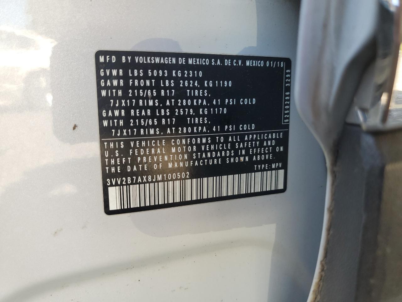 2018 Volkswagen Tiguan Se VIN: 3VV2B7AX8JM100502 Lot: 81006435