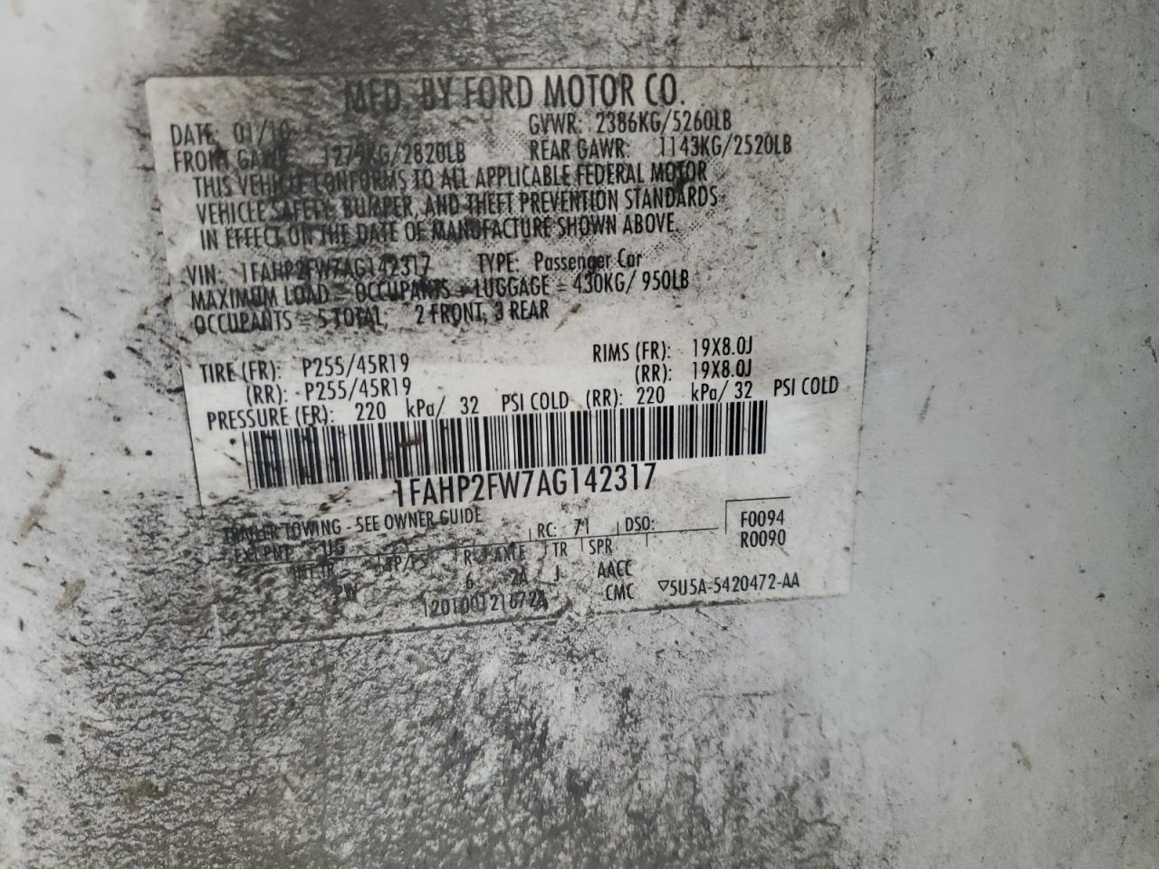 2010 Ford Taurus Limited VIN: 1FAHP2FW7AG142317 Lot: 94220655