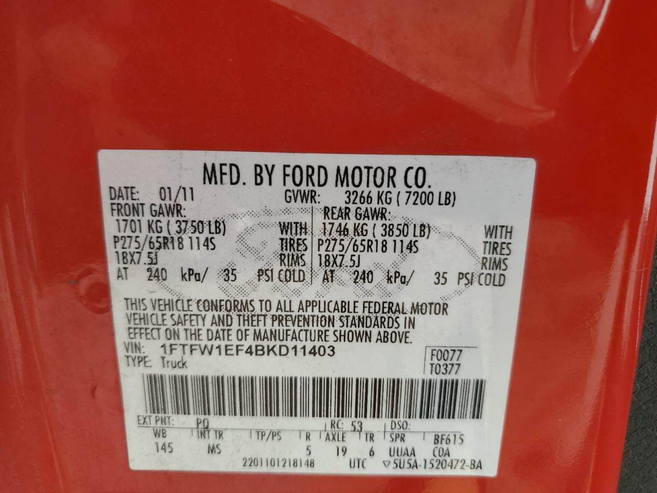 2011 Ford F150 Supercrew VIN: 1FTFW1EF4BKD11403 Lot: 80692145