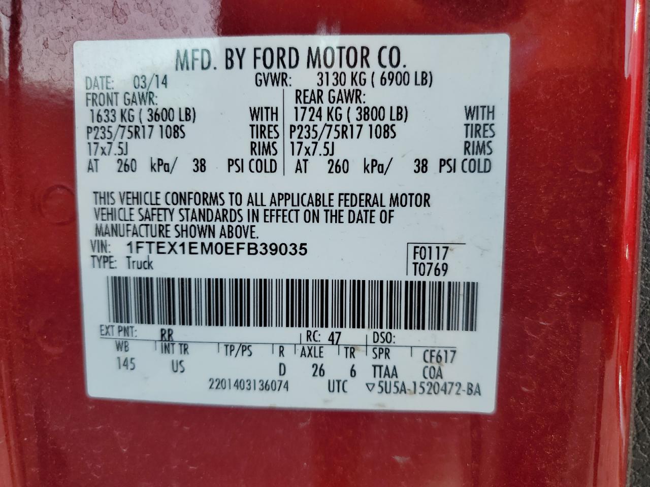 2014 Ford F150 Super Cab VIN: 1FTEX1EM0EFB39035 Lot: 80887845