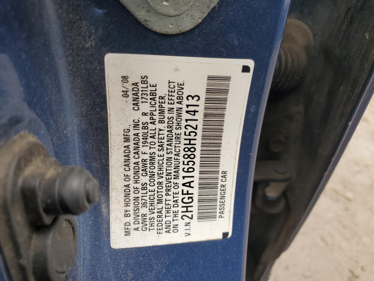 2008 Honda Civic Lx VIN: 2HGFA16588H521413 Lot: 71642875