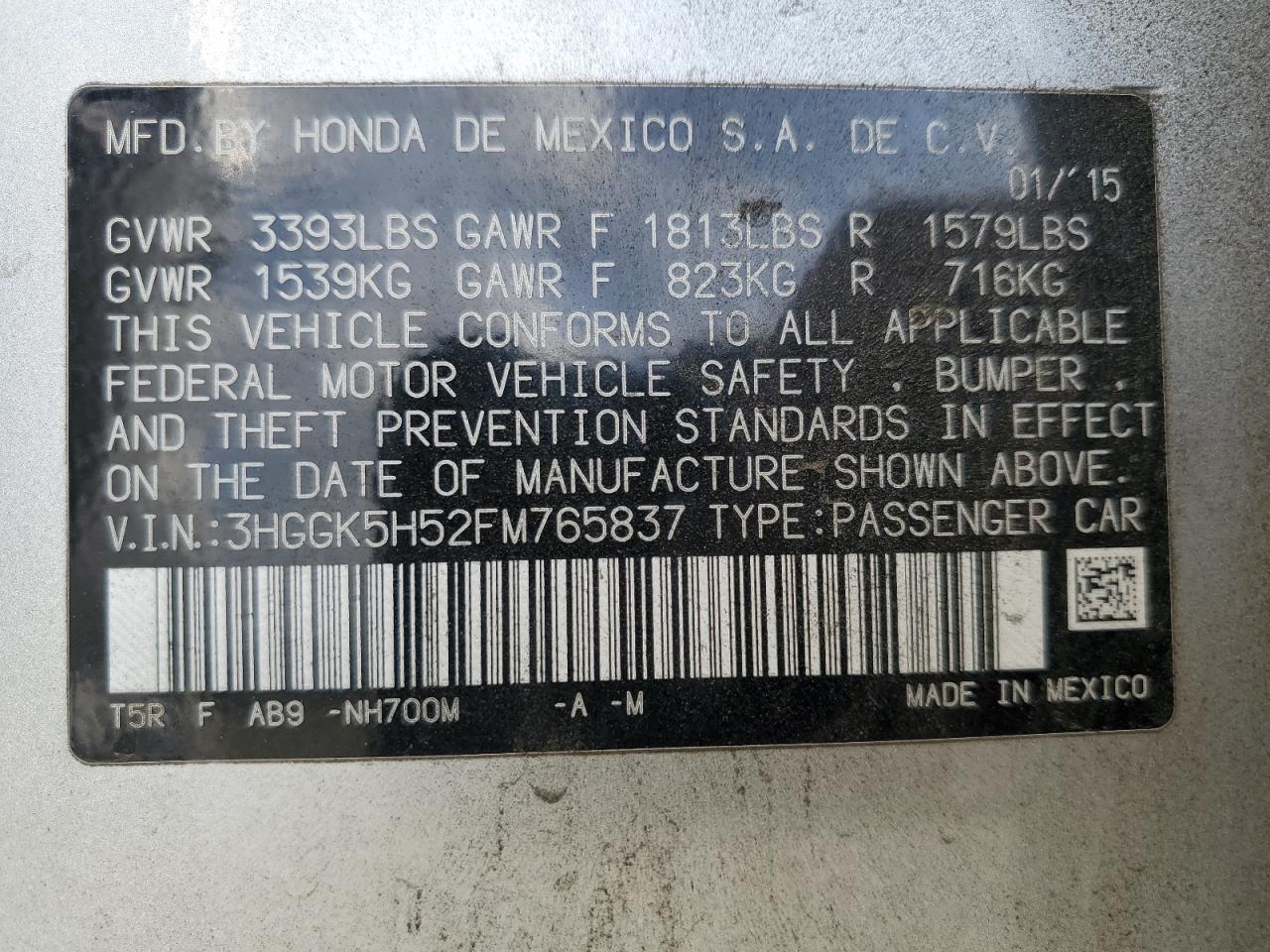 2015 Honda Fit Lx VIN: 3HGGK5H52FM765837 Lot: 84466495