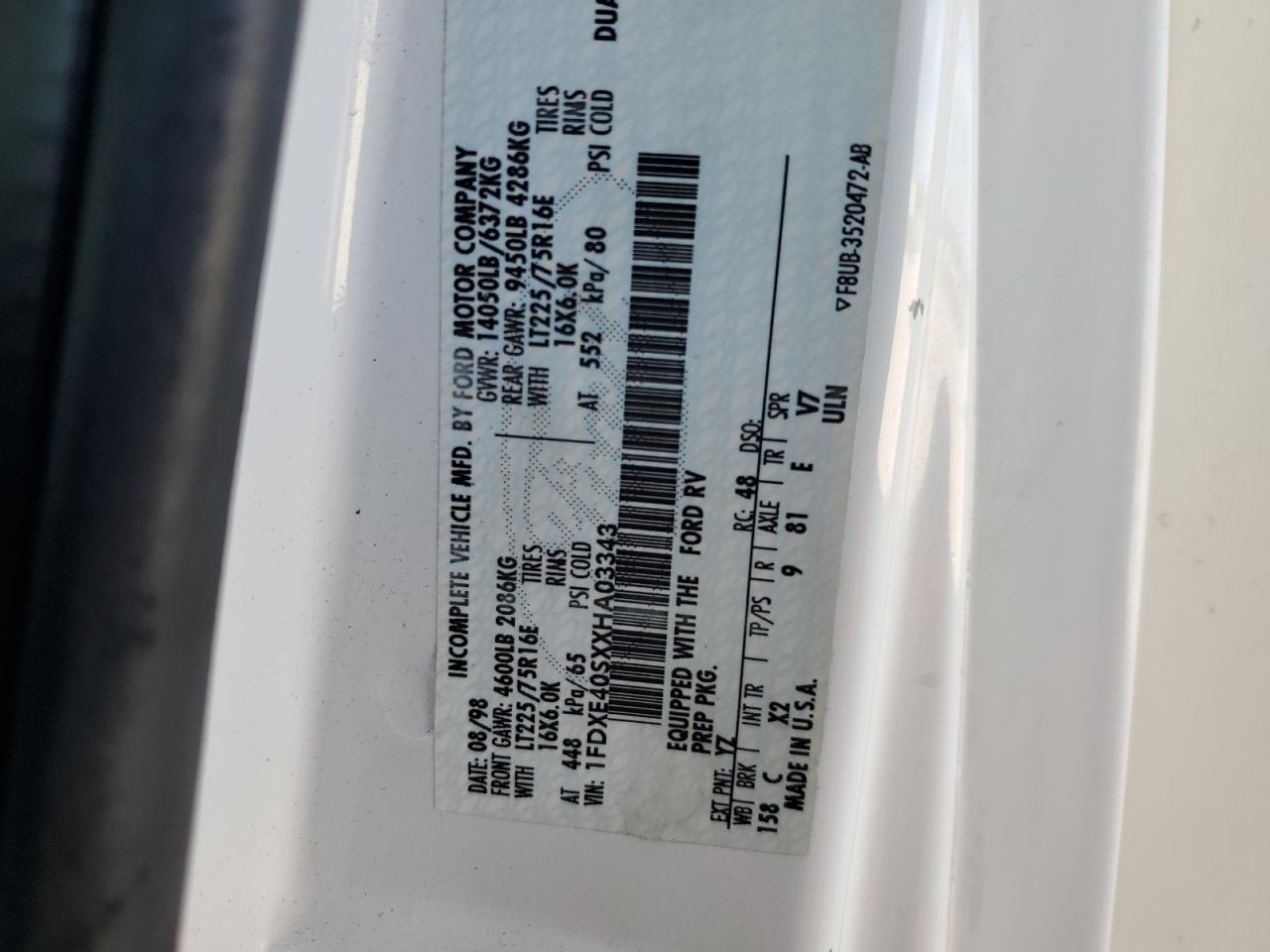 1999 Ford Econoline E450 Super Duty Cutaway Van Rv VIN: 1FDXE40SXXHA03343 Lot: 70757165