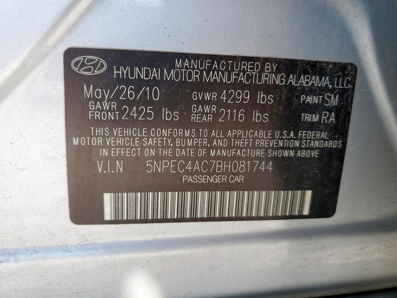 2011 Hyundai Sonata Se VIN: 5NPEC4AC7BH081744 Lot: 80871075