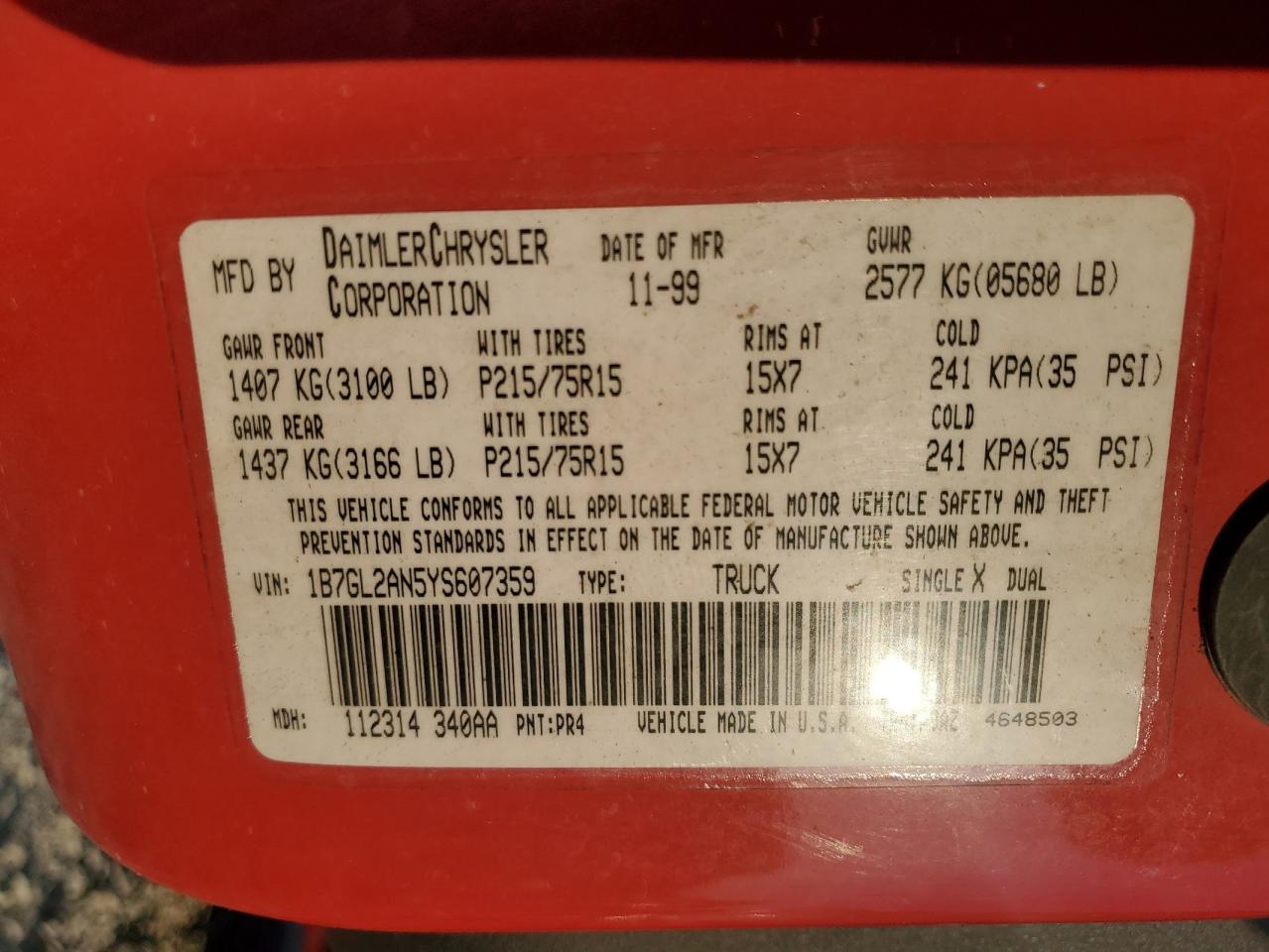 2000 Dodge Dakota Quad VIN: 1B7GL2AN5YS607359 Lot: 80878785