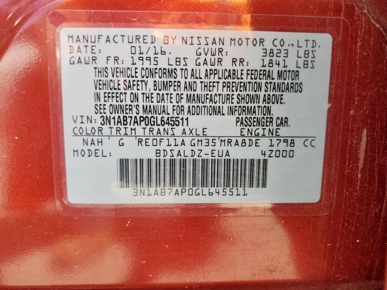 2016 Nissan Sentra S VIN: 3N1AB7AP0GL645511 Lot: 81656125