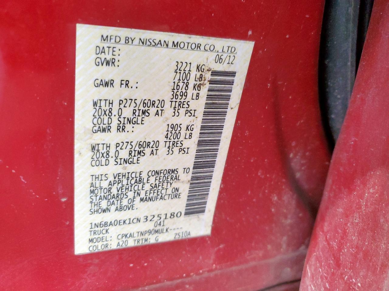 2012 Nissan Titan S VIN: 1N6BA0EK1CN325180 Lot: 80950825