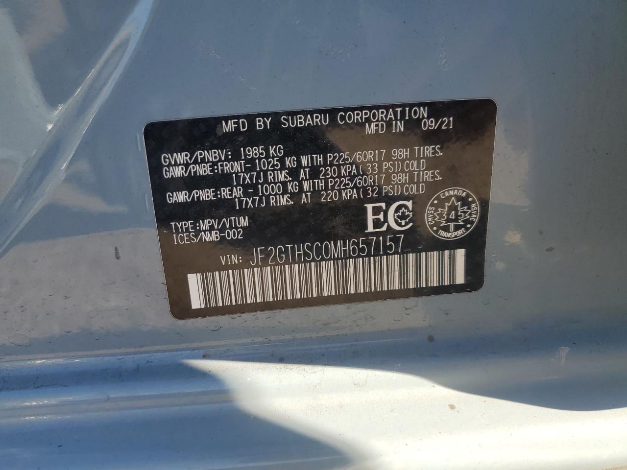 2021 Subaru Crosstrek Sport VIN: JF2GTHSC0MH657157 Lot: 80815025