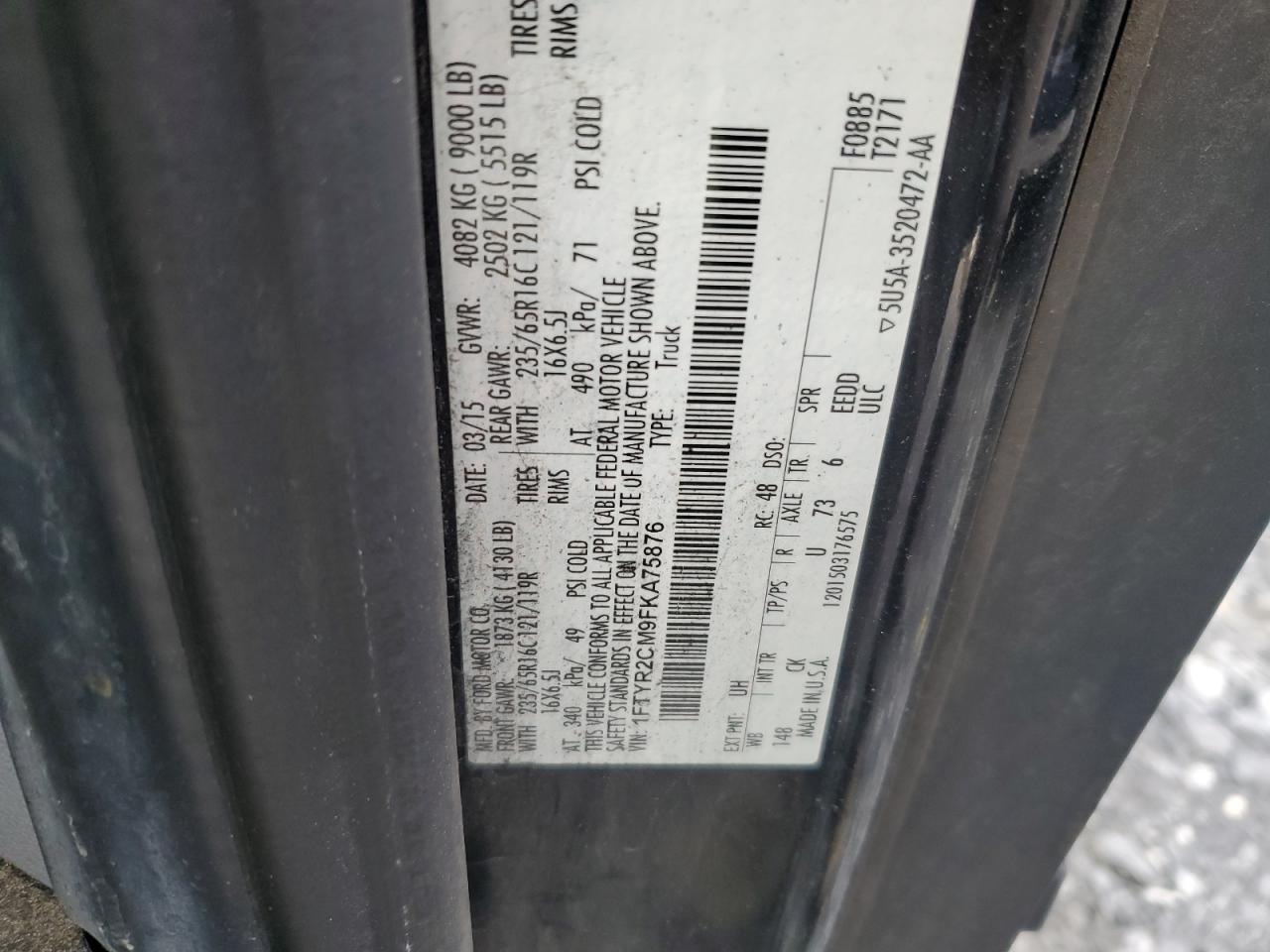 2015 Ford Transit T-250 VIN: 1FTYR2CM9FKA75876 Lot: 80177095