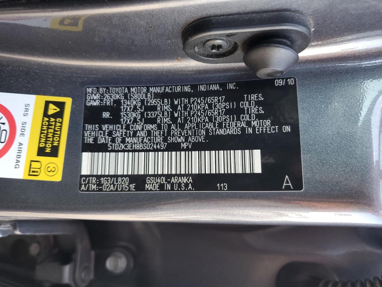 2011 Toyota Highlander Base VIN: 5TDZK3EH8BS024497 Lot: 81783365