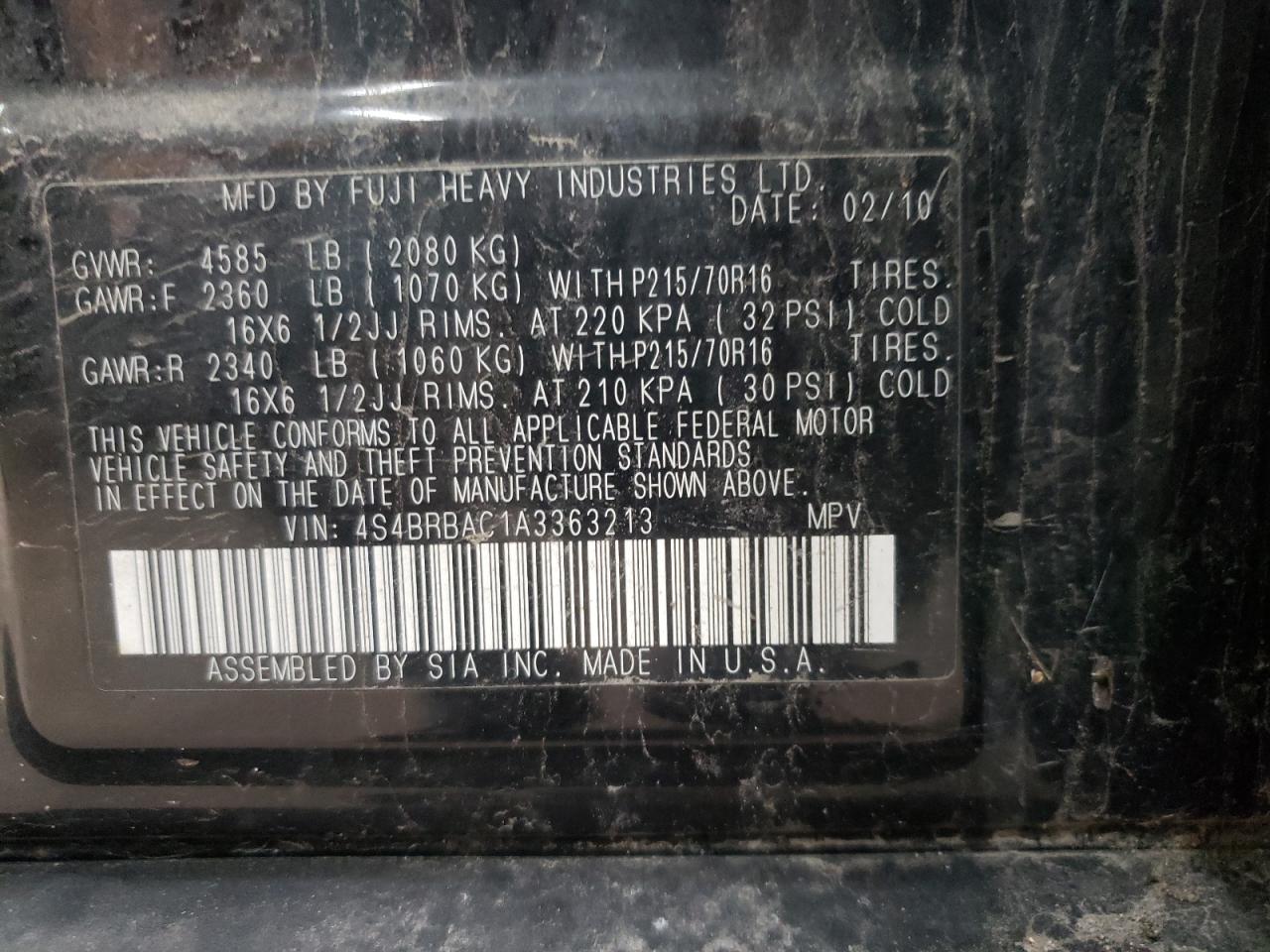 2010 Subaru Outback 2.5I VIN: 4S4BRBAC1A3363213 Lot: 81284925