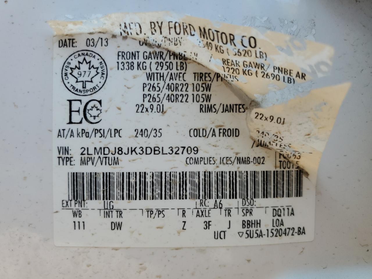 2013 Lincoln Mkx VIN: 2LMDJ8JK3DBL32709 Lot: 71716235
