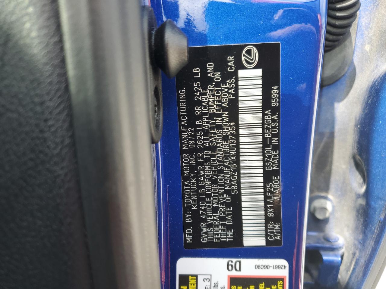 2022 Lexus Es 350 Base VIN: 58AGZ1B1XNU137354 Lot: 81772615