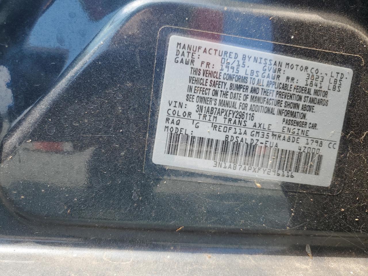 2015 Nissan Sentra S VIN: 3N1AB7APXFY296116 Lot: 71112585