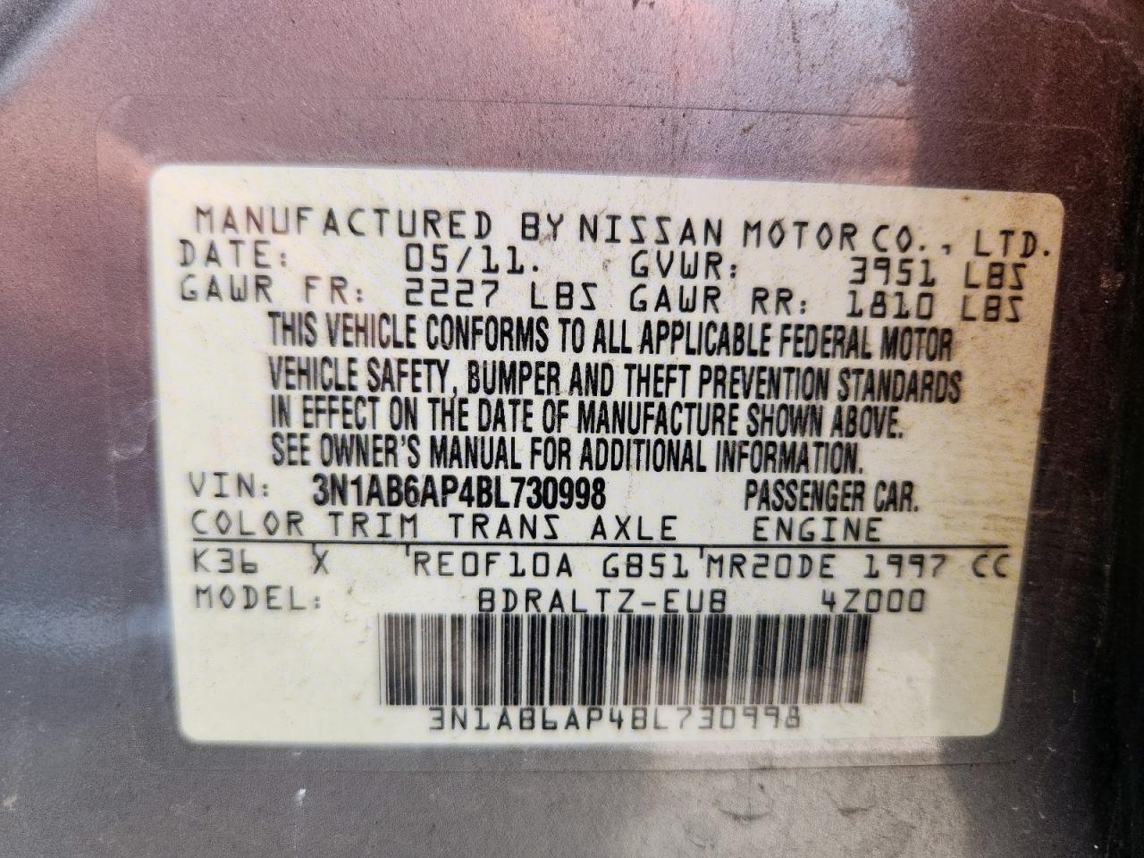 2011 Nissan Sentra 2.0 VIN: 3N1AB6AP4BL730998 Lot: 71839085