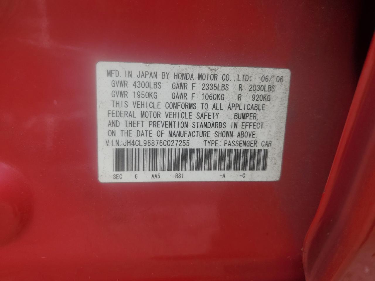 2006 Acura Tsx VIN: JH4CL96876C027255 Lot: 84168045