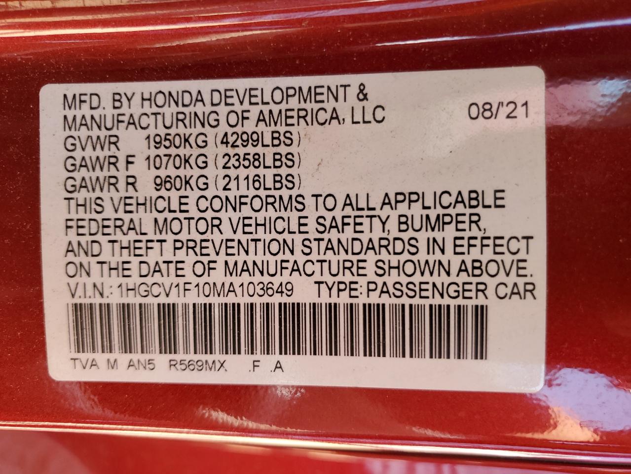 2021 Honda Accord Lx VIN: 1HGCV1F10MA103649 Lot: 81512595
