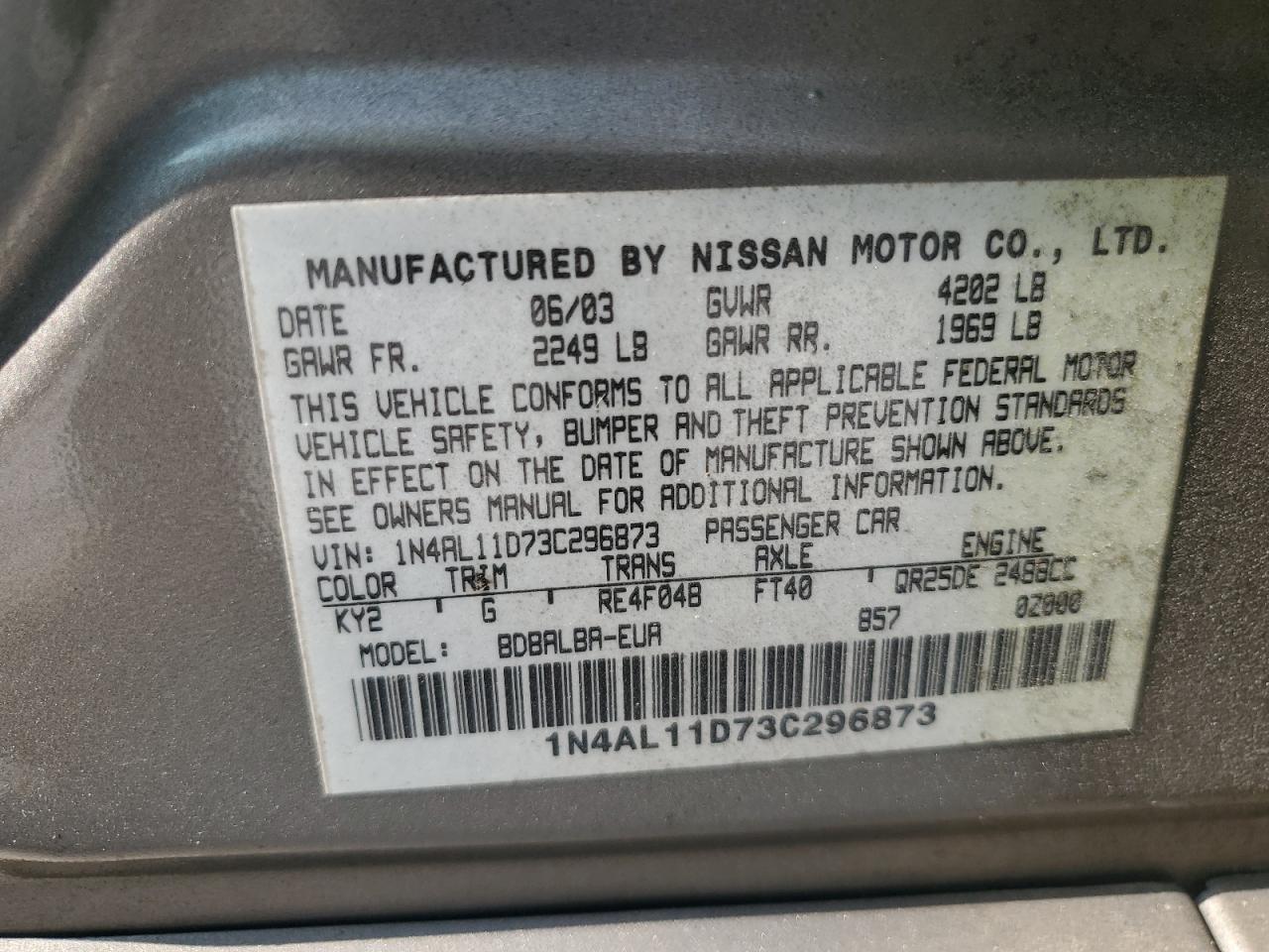 2003 Nissan Altima Base VIN: 1N4AL11D73C296873 Lot: 71817045