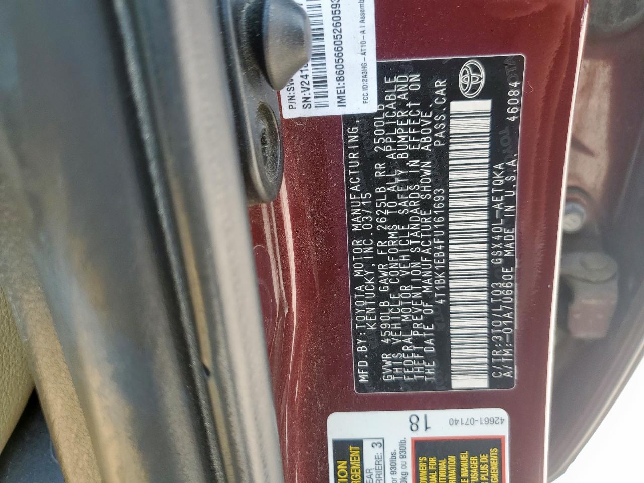 2015 Toyota Avalon VIN: 4T1BK1EB4FU161693 Lot: 71039945