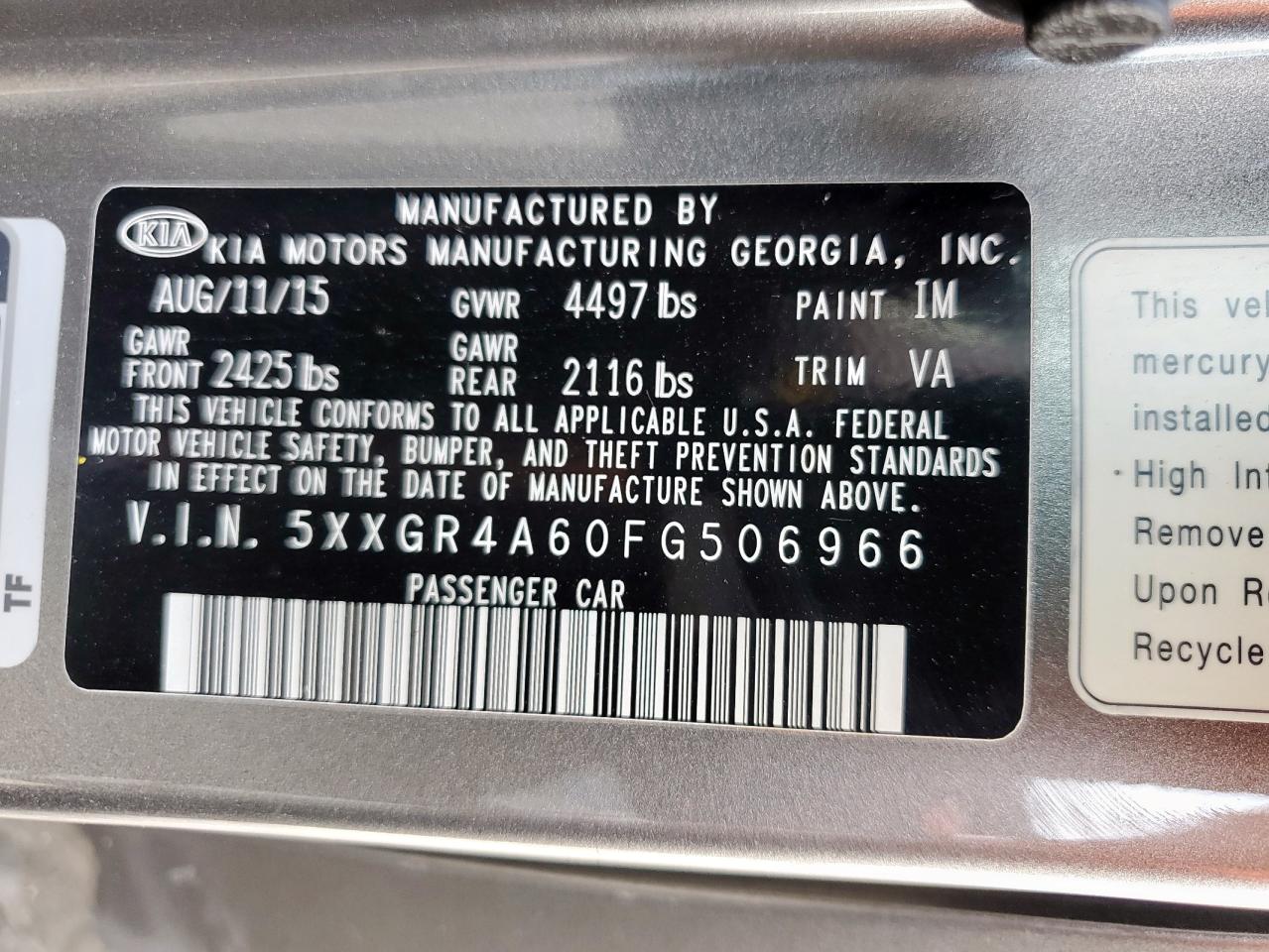 2015 Kia Optima Sx VIN: 5XXGR4A60FG506966 Lot: 80493445