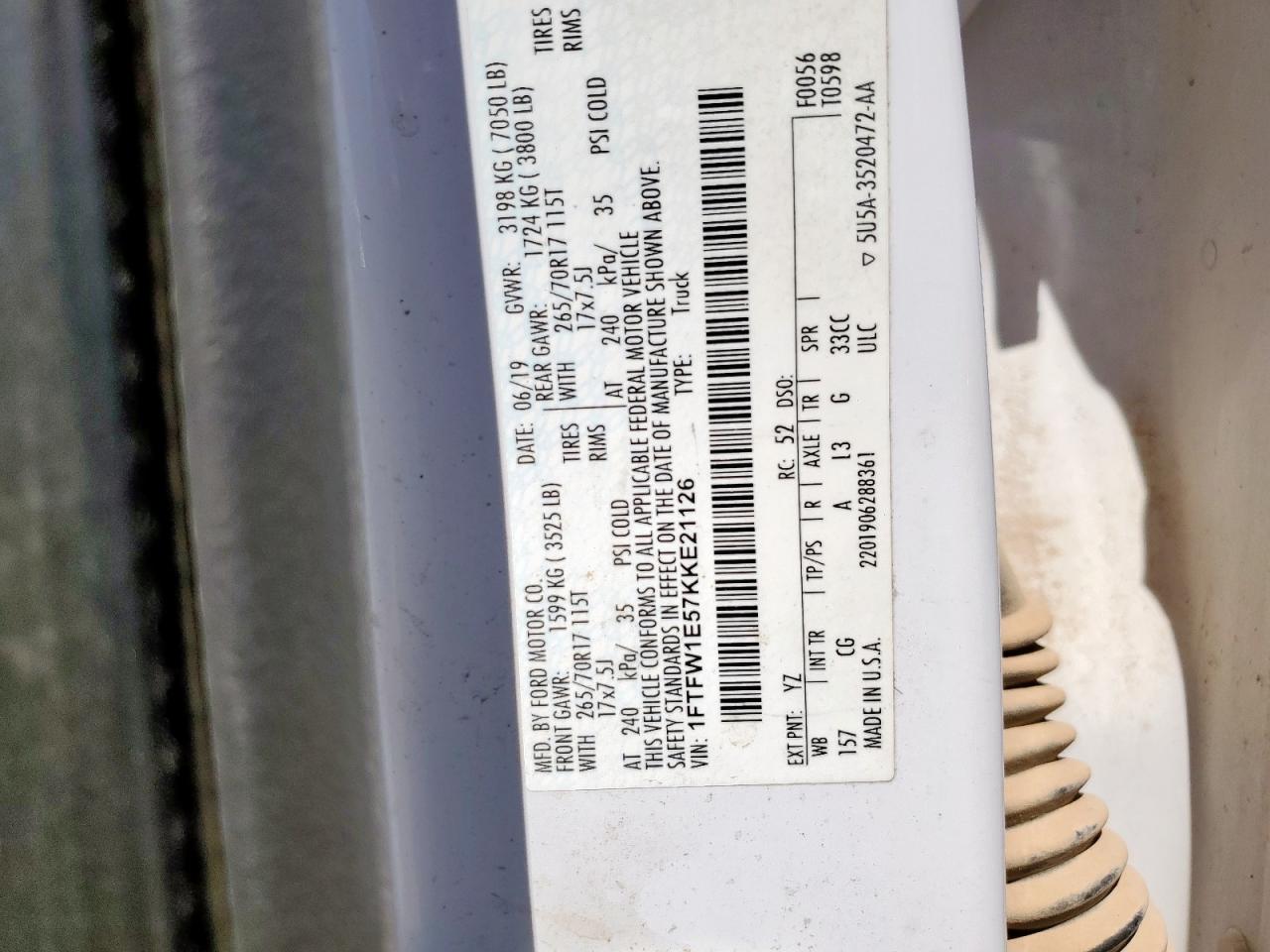 2019 Ford F150 Supercrew VIN: 1FTFW1E57KKE21126 Lot: 81072255