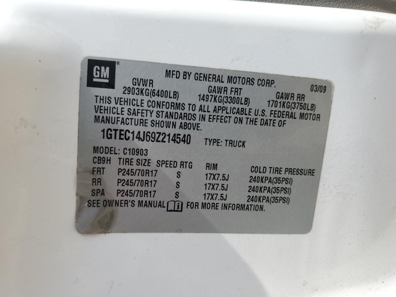 2009 GMC Sierra C1500 VIN: 1GTEC14J69Z214540 Lot: 80256375