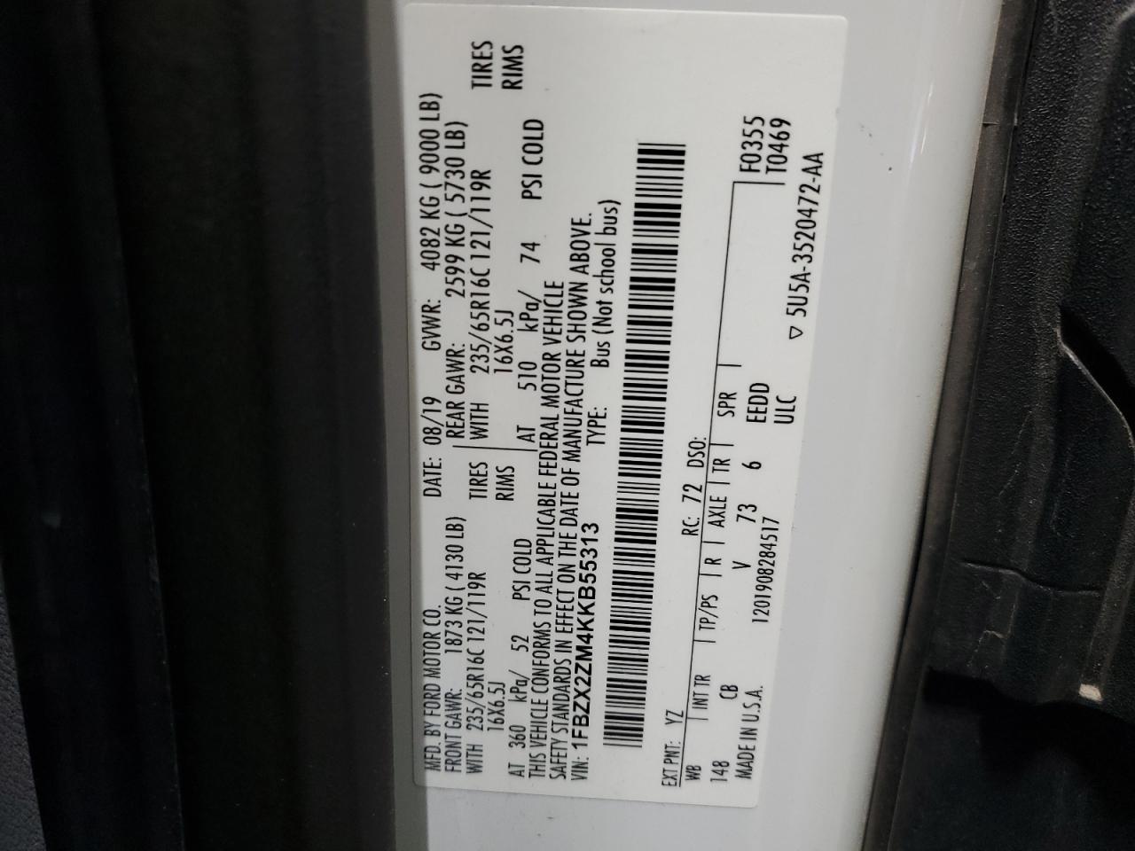 2019 Ford Transit T-350 VIN: 1FBZX2ZM4KKB55313 Lot: 80962565