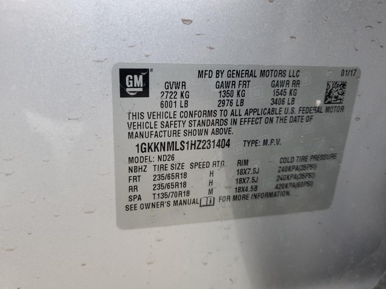 2017 GMC Acadia Slt-1 VIN: 1GKKNMLS1HZ231404 Lot: 81281475