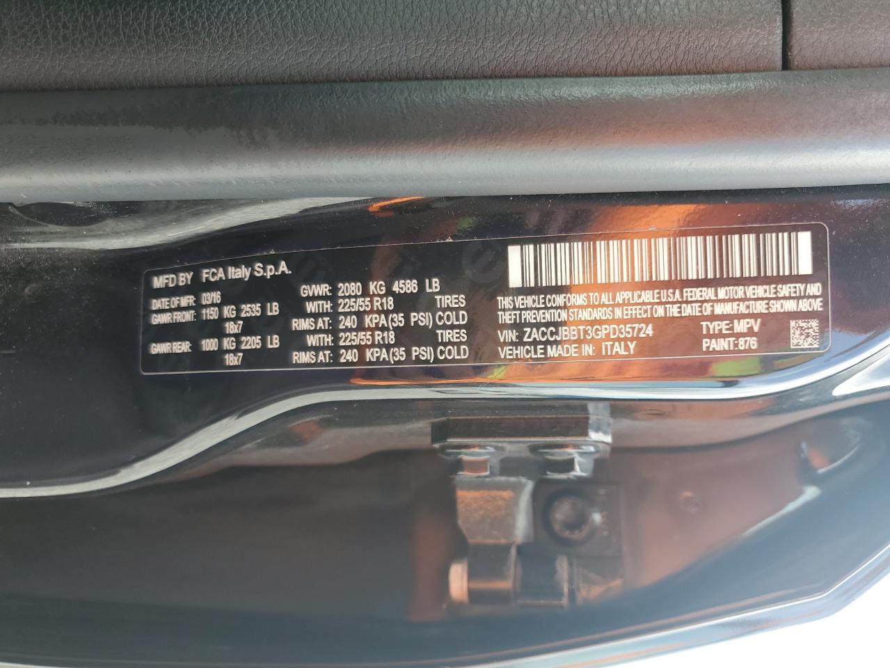 2016 Jeep Renegade Latitude VIN: ZACCJBBT3GPD35724 Lot: 70657675