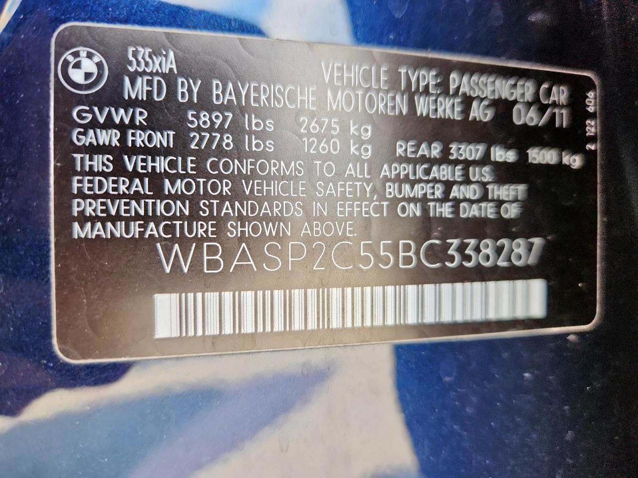 2011 BMW 535 Xigt VIN: WBASP2C55BC338287 Lot: 81057535