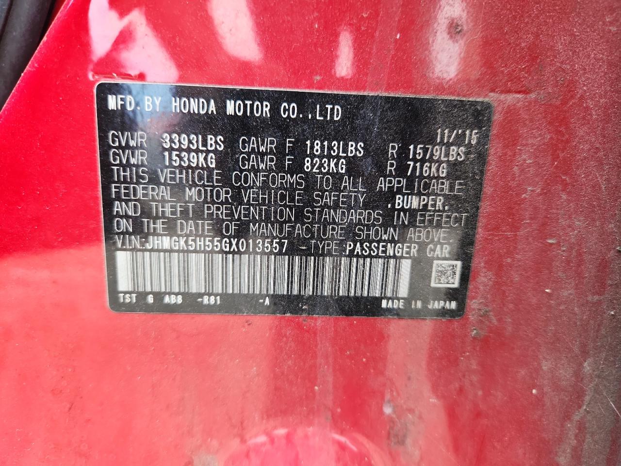 2016 Honda Fit Lx VIN: JHMGK5H55GX013557 Lot: 71153325