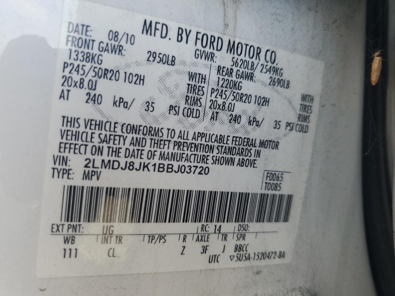 2011 Lincoln Mkx VIN: 2LMDJ8JK1BBJ03720 Lot: 82053545