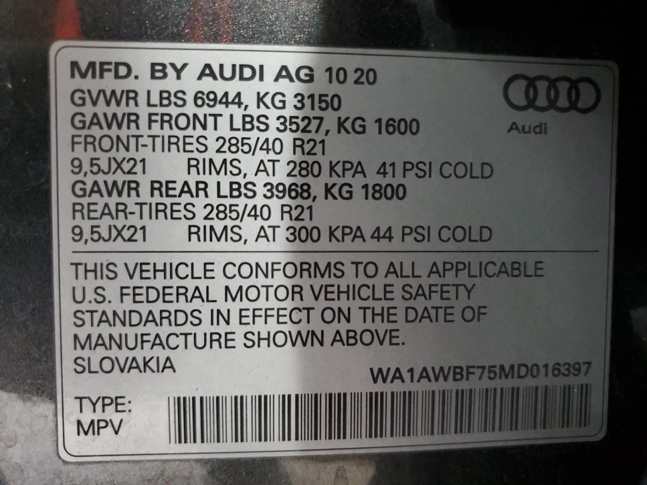 2021 Audi Sq7 Premium Plus VIN: WA1AWBF75MD016397 Lot: 84548165