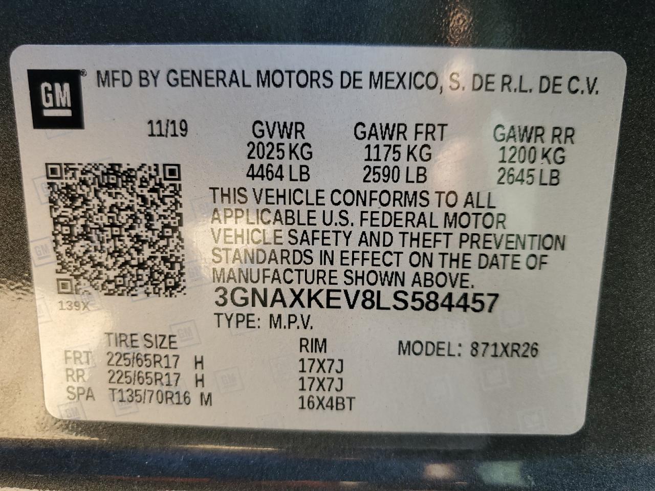 2020 Chevrolet Equinox Lt VIN: 3GNAXKEV8LS584457 Lot: 82129305