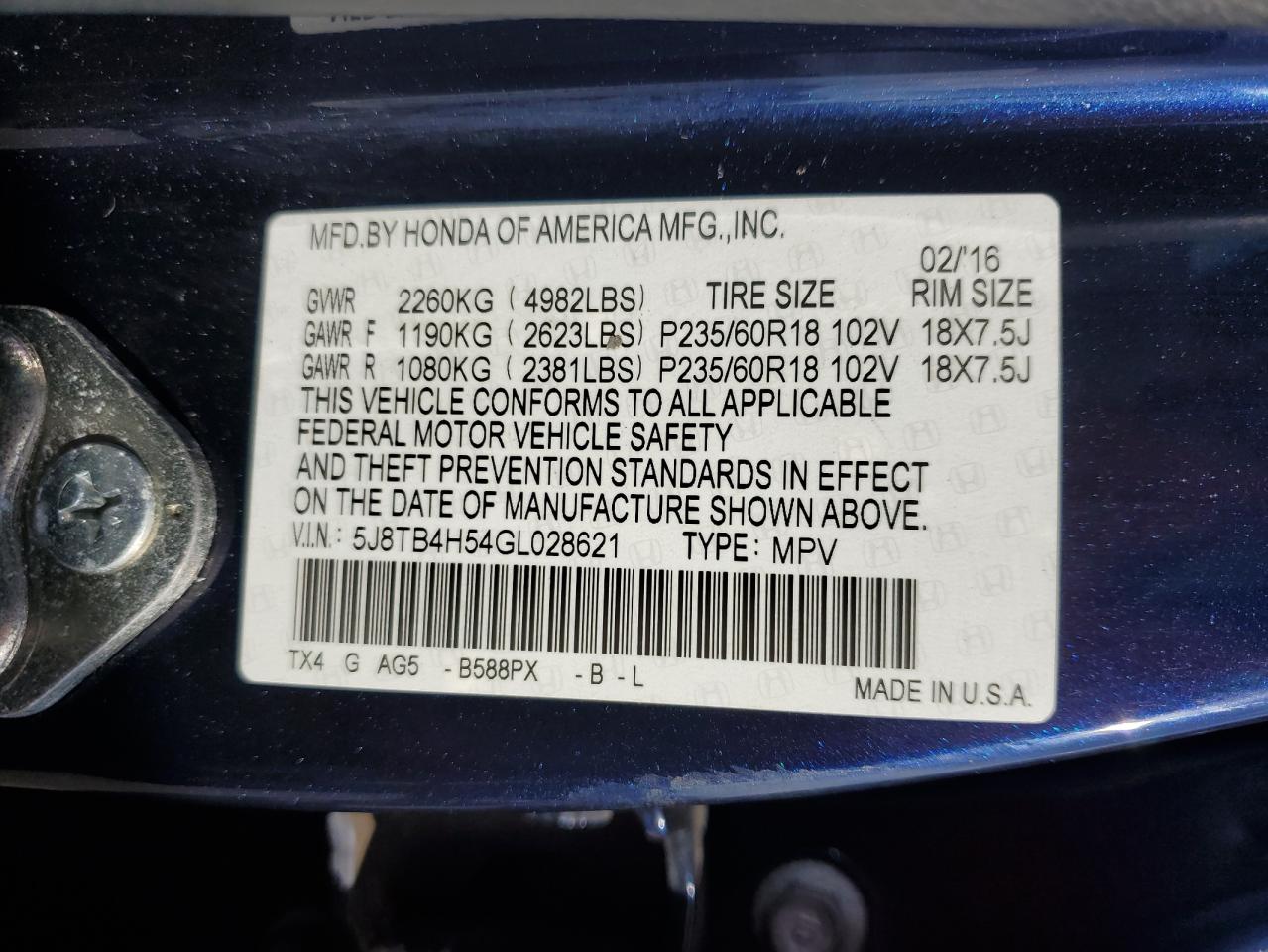 2016 Acura Rdx Technology VIN: 5J8TB4H54GL028621 Lot: 80913895