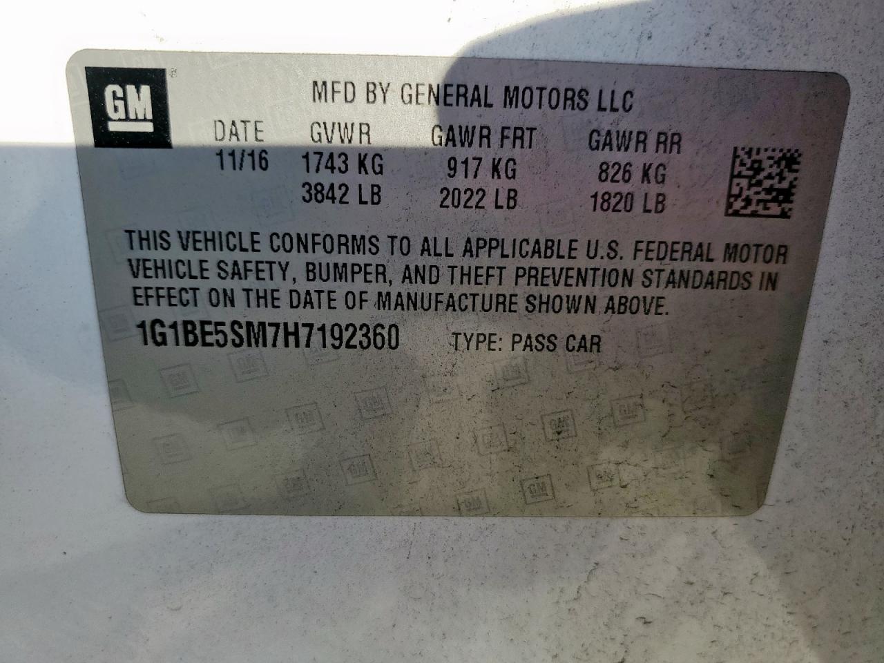 2017 Chevrolet Cruze Lt VIN: 1G1BE5SM7H7192360 Lot: 80759365