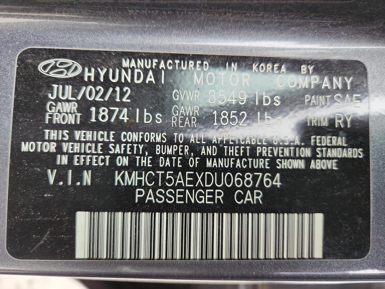 2013 Hyundai Accent Gls VIN: KMHCT5AEXDU068764 Lot: 70985495