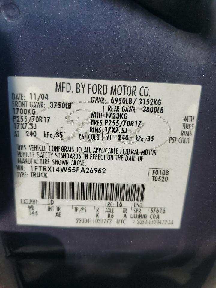 2005 Ford F150 VIN: 1FTRX14W55FA26962 Lot: 81586935