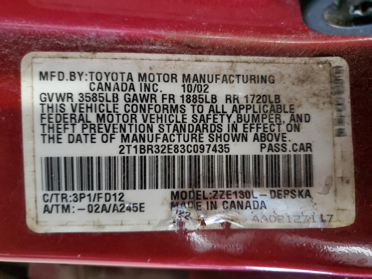 2003 Toyota Corolla Ce VIN: 2T1BR32E83C097435 Lot: 71747125