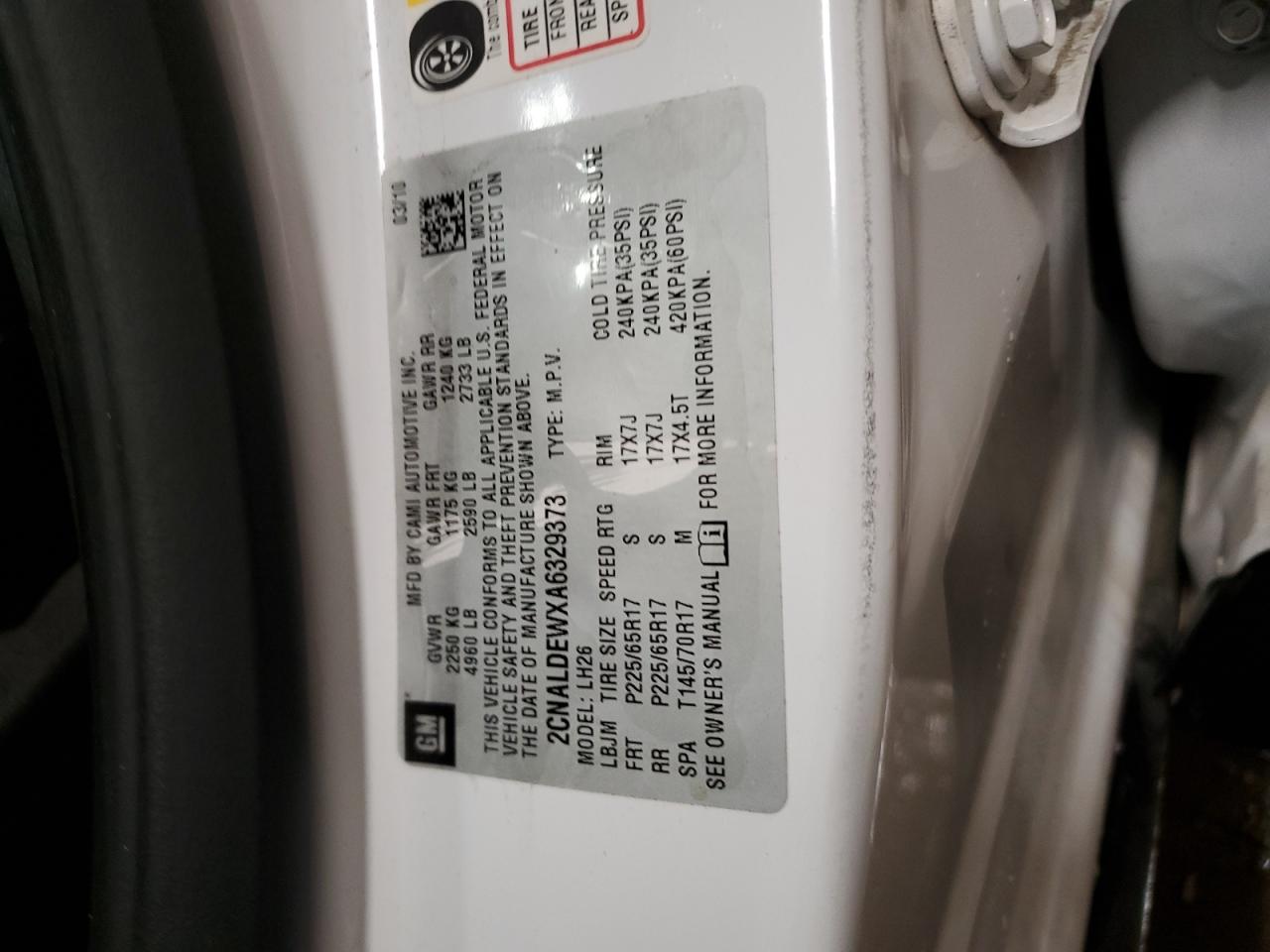 2010 Chevrolet Equinox Lt VIN: 2CNALDEWXA6329373 Lot: 81920765