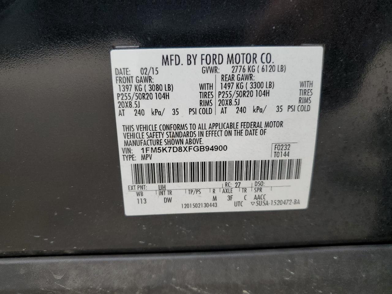 2015 Ford Explorer Xlt VIN: 1FM5K7D8XFGB94900 Lot: 81476555