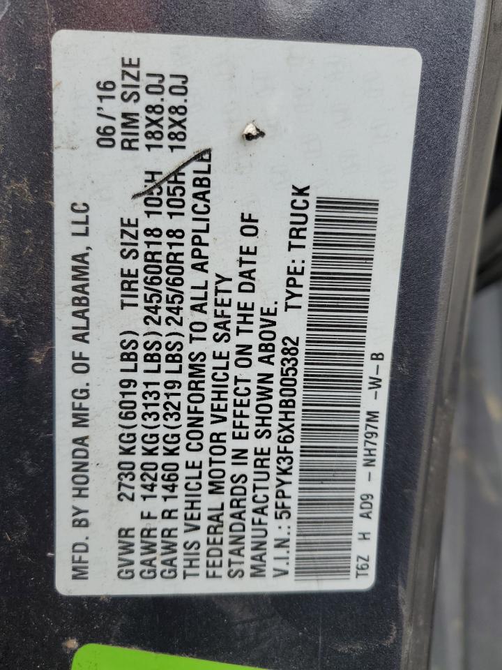 2017 Honda Ridgeline Rtl VIN: 5FPYK3F6XHB005382 Lot: 71210085