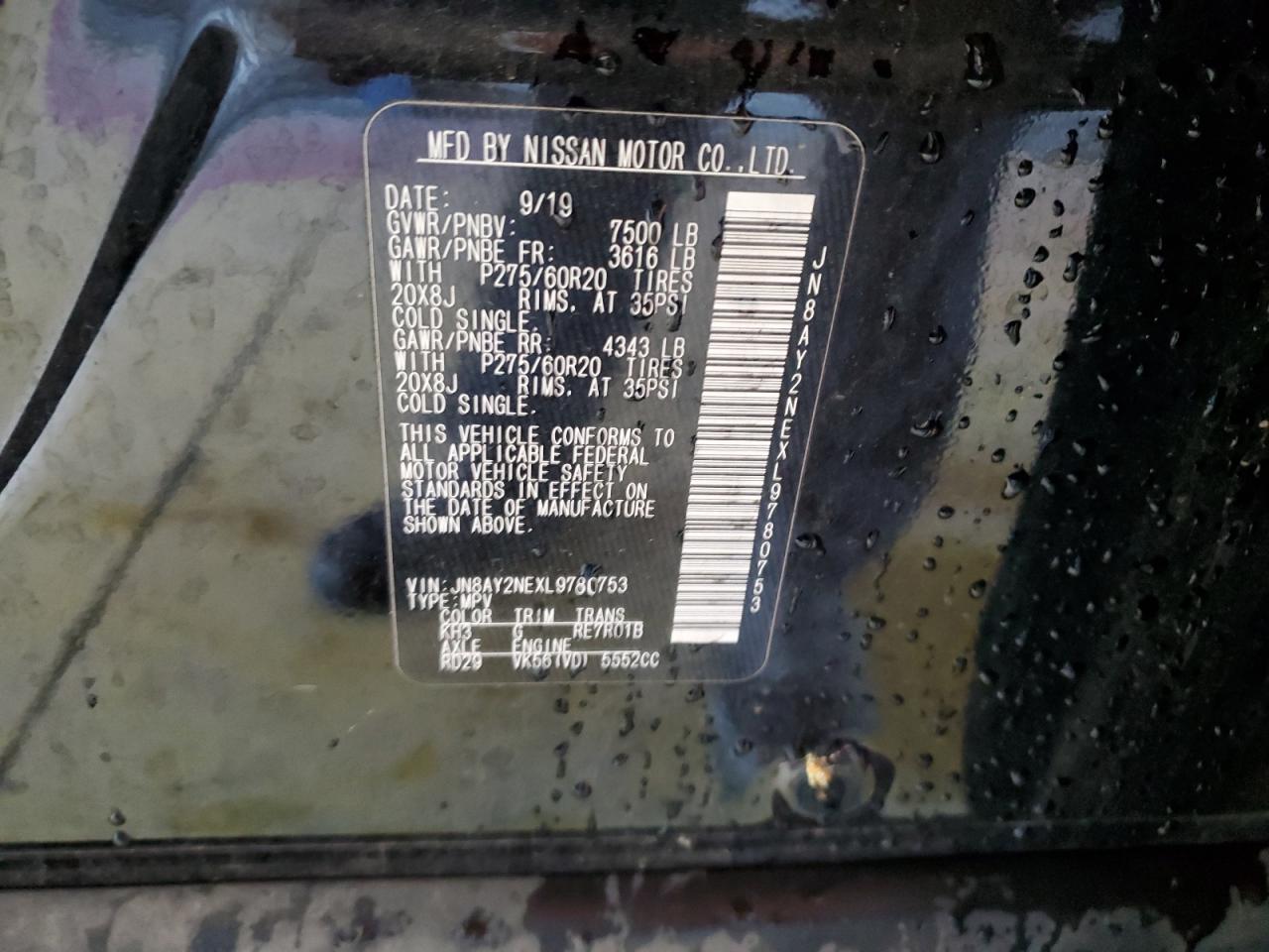 2020 Nissan Armada Platinum VIN: JN8AY2NEXL9780753 Lot: 70643395