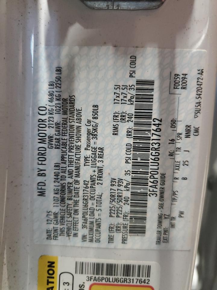 2016 Ford Fusion Se Hybrid VIN: 3FA6P0LU6GR317642 Lot: 82047845